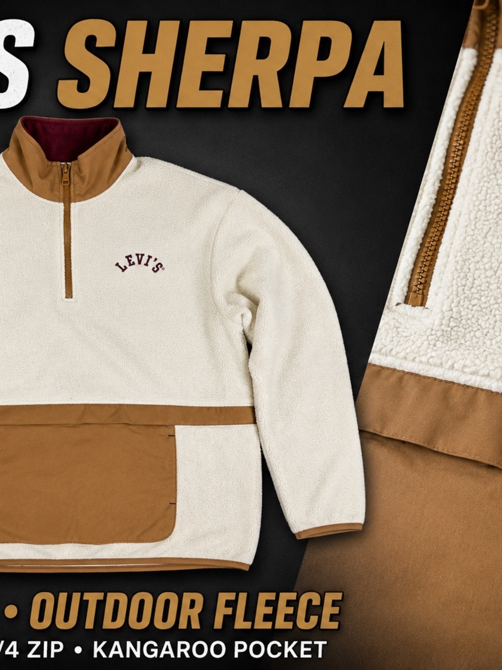 Levi's Cream and Tan Sherpa Fleece 1/4 Zip Pullover
